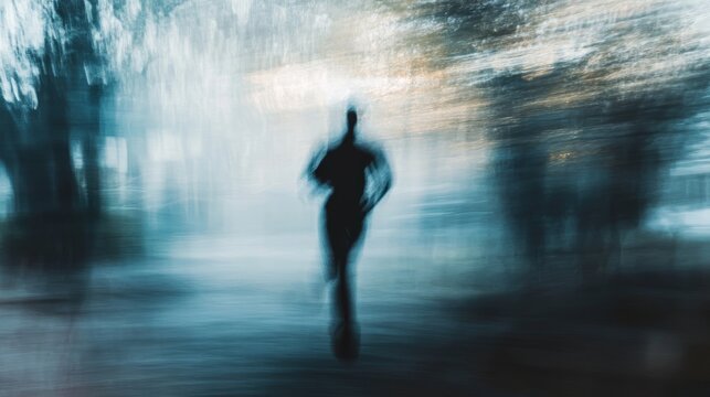 A blurry image of a person running in the woods