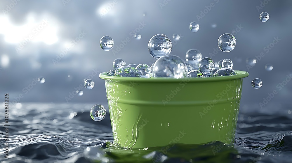 Poster refreshing green bucket splashing water droplets with bubbles against a dramatic cloudy background c