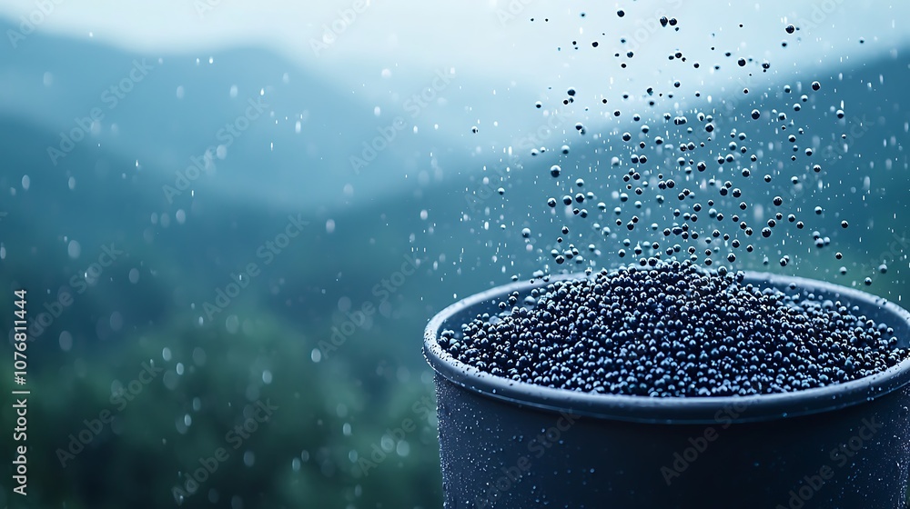 Aufkleber close-up of black particles in a bucket with water droplets on a misty background of mountains and l