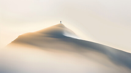 A person stands on a mountain top in the fog. The fog is thick and the mountain is covered in rocks. The person is looking out over the landscape, taking in the beauty of the scene