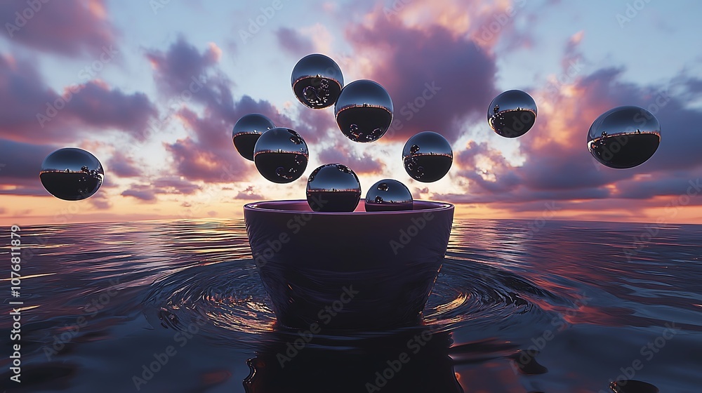Aufkleber reflection of spheres in calm water at sunset, captivating surreal scene with floating objects and d