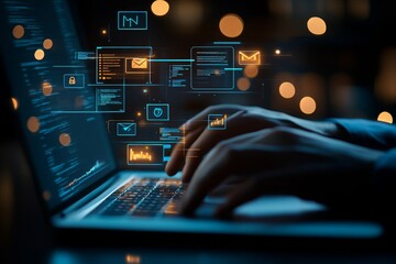 Typing Hands Surrounded by Tech and Network Icons