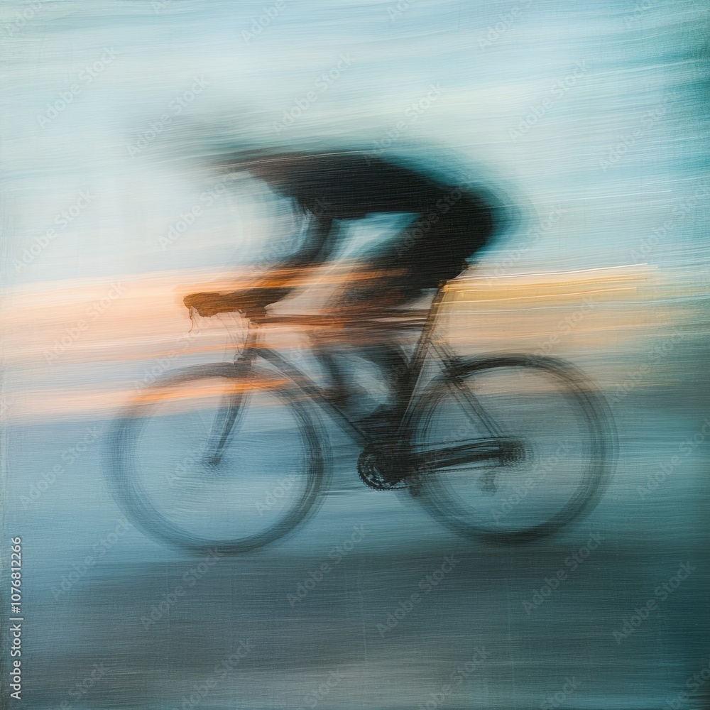 Poster abstract motion blur of cyclist at sunset capturing speed and movement in vibrant colors