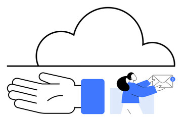 Cloud representing storage, hand for support, and woman holding email envelope. Ideal for technology, cloud computing, data storage, communication, support services, digital solutions and workplace