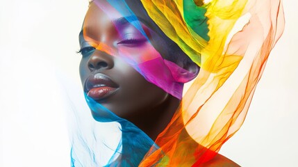 Obraz premium Vibrant Portrait of a Woman with Colorful Fabric Veil