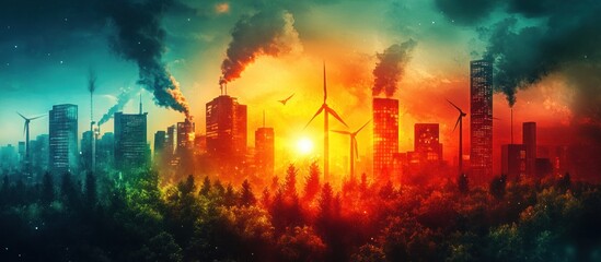 Fototapeta premium A city skyline with smoke from factories and wind turbines in the foreground. The sky is a mix of red, orange, and blue.