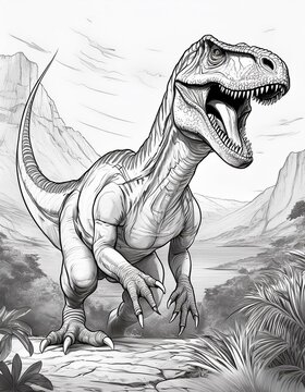 Coole schwarz und wei&szlig; Dinosaurier Zeichnung eines br&uuml;llenden T-Rex der seine Z&auml;hne zeigt.