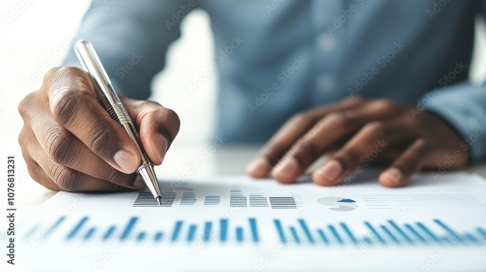 Poster a person analyzes a data chart, using a pen to highlight key points on paper, reflecting a professio
