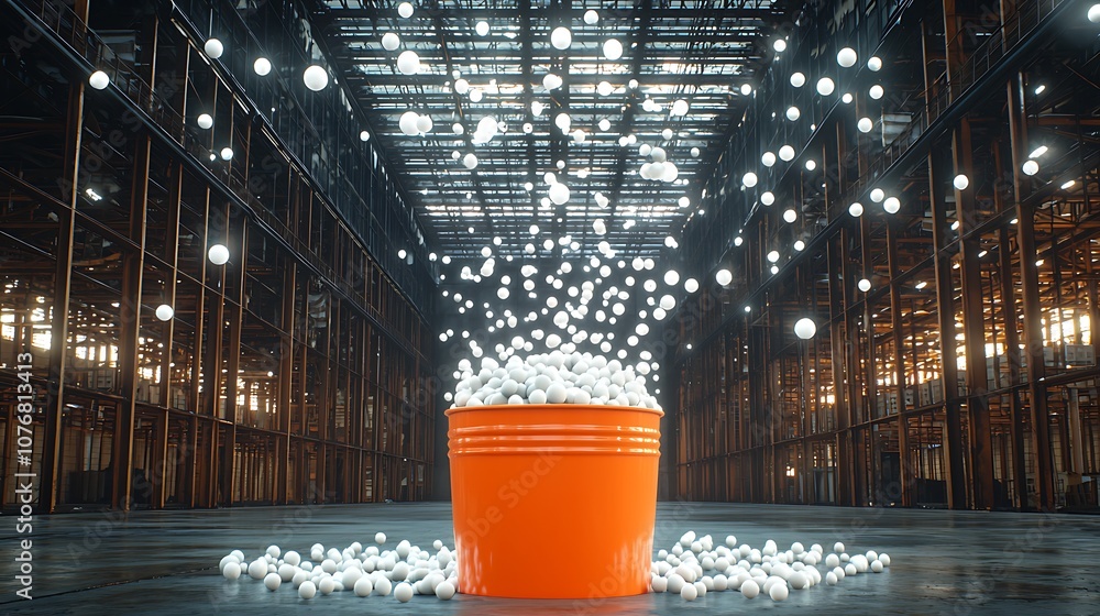 Aufkleber dynamic visual of an orange bucket overflowing with white spheres in an expansive industrial space w