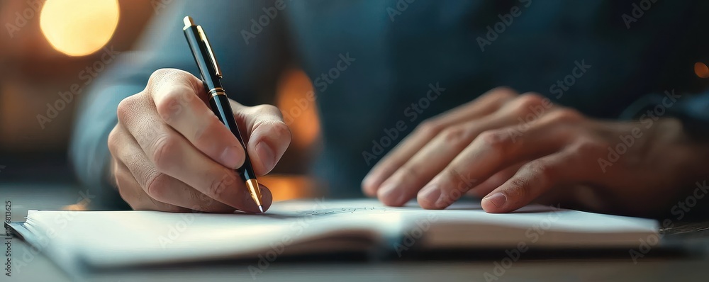 Poster a person writes in a notebook with a pen, focusing on capturing thoughts or ideas in a cozy, well-li