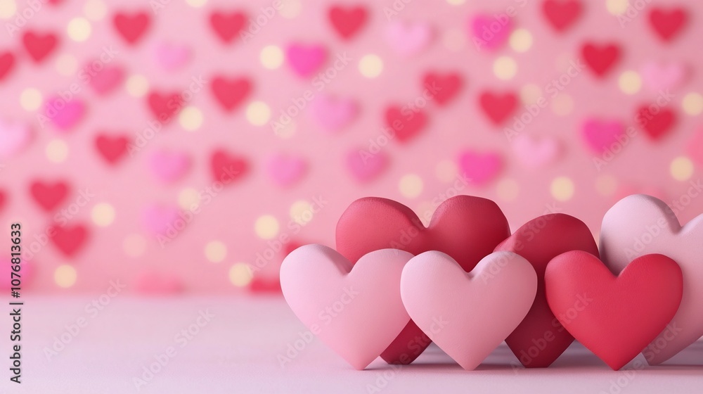 Poster overlapping red and pink hearts with gentle bokeh effect in 3d