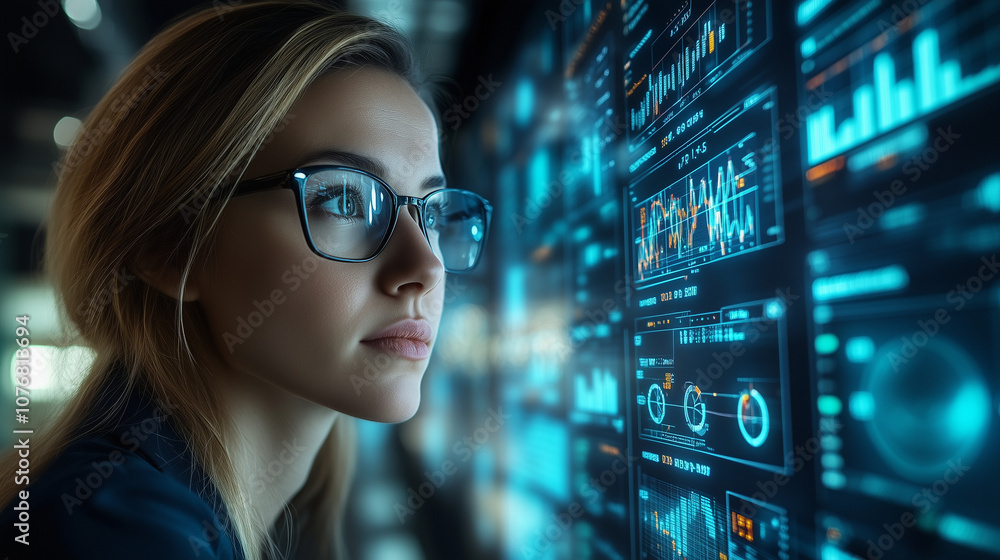 Poster data driven: a woman in glasses intently analyzes a vast network of digital data, her focused gaze r