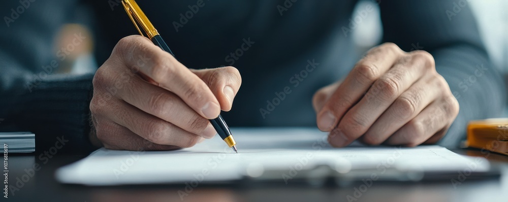 Poster a close-up of hands writing with a pen on a notebook, showcasing focus and creativity in a work or s
