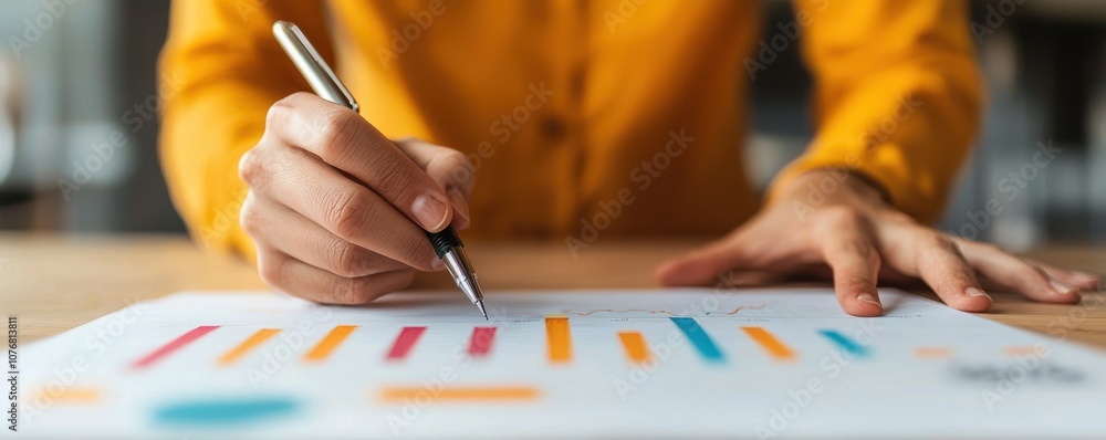 Poster a person in a yellow shirt is analyzing colorful charts and graphs while writing notes on a document