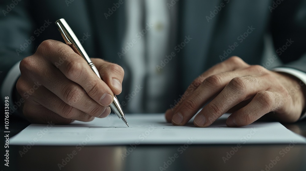 Poster a person in a suit is using a pen to write on a blank sheet of paper, symbolizing professionalism an