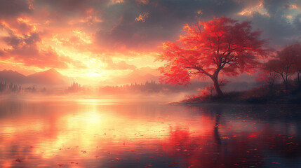 Obraz premium Fiery Sunset, Serene Lake: A solitary red tree stands sentinel by a tranquil lake, mirroring the fiery hues of a breathtaking sunset. Nature's masterpiece in autumnal splendor. 