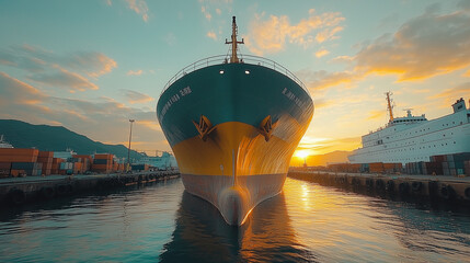 Majestic Cargo Ship at Sunset Harbor 
