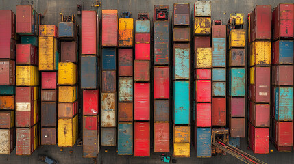 Fototapeta premium Colorful Cargo Containers: A vibrant aerial view of stacked shipping containers in a bustling port, showcasing a kaleidoscope of colors and textures.