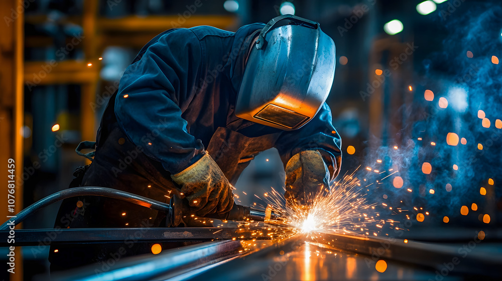 Poster skilled welder in protective gear working with a welding torch in an industrial workshop creating sp