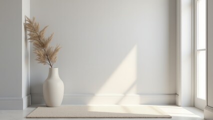Entryway accent pieces. A white door with a black knob beside a vase of green leaves, next to a geometric-patterned rug on a glossy white floor.