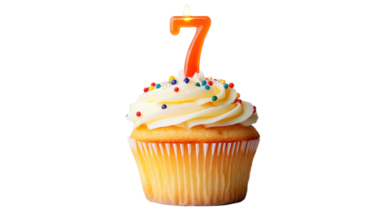 Bright and Cheerful Cupcake with Creamy Frosting and a Number 7 Candle Perfect for Birthday Celebrations and Children's Parties