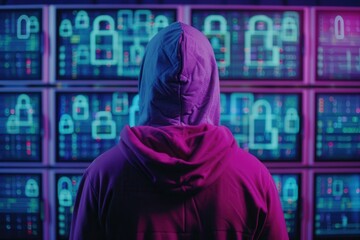 A person in a hoodie stands before multiple screens displaying digital lock graphics, suggesting themes of cybersecurity and data protection.