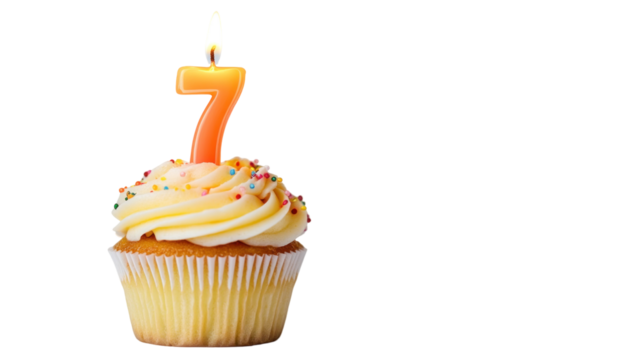 Delightful vanilla cupcake with creamy frosting topped with a bright orange number seven candle, perfect for a child's birthday celebration or anniversary.