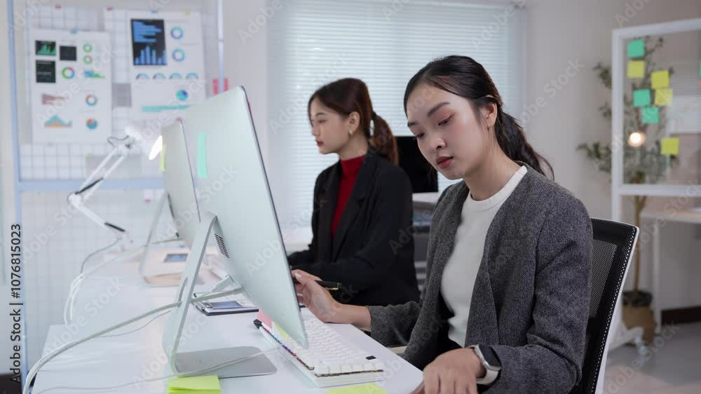 Poster businesswomen collaborating on a project, analyzing data displayed on a computer screen in a modern 