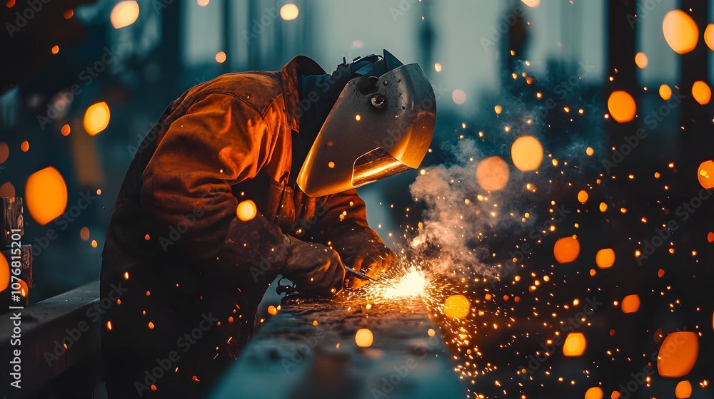 Poster welder in protective gear creating sparks and flames amidst a dynamic glow in an industrial setting 