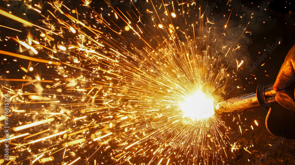 Poster dynamic and captivating close-up of sparkling sparks emanating from a metal torch creating a stunnin