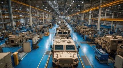 Naklejka premium A long line of military vehicles in a factory, with a blue floor and overhead cranes.