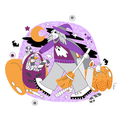 Vector illustration in doodle and flat style on Halloween theme in purple and orange shades. Man in witch hat and with pumpkin. Illustration on Halloween theme.