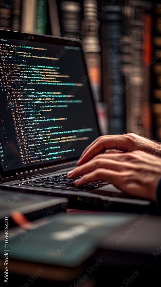 Poster a person coding on a laptop with colorful text, surrounded by books.