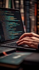 A person coding on a laptop with colorful text, surrounded by books.