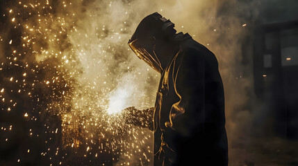 Fototapeta premium Sparks Flying High: A Silhouette of a Welder in Protective Gear Creating a Bright Firework Display with Intense Orange Sparks Against a Dark Background