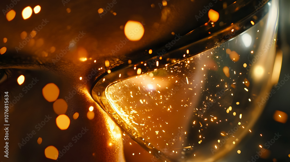 Aufkleber close-up of illuminated safety goggles reflecting sparks with bokeh background creating a dynamic in