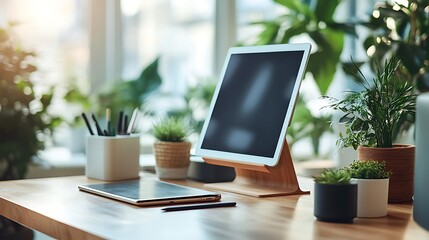 Fototapeta premium Organized desk featuring a tablet stand with a stylus, simple and functional, natural light casting soft shadows, uncluttered surface, minimalist aesthetic, professional and modern look. --ar 16:9