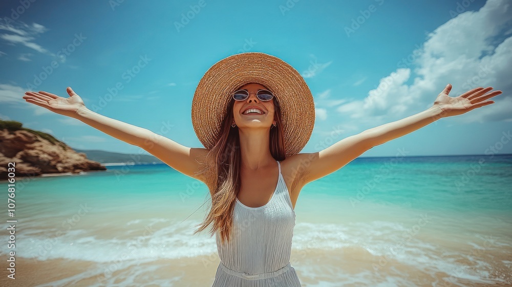 Poster Happy woman in a white dress and a straw hat with arms outstretched on the beach, enjoying the sunshine and the sea.