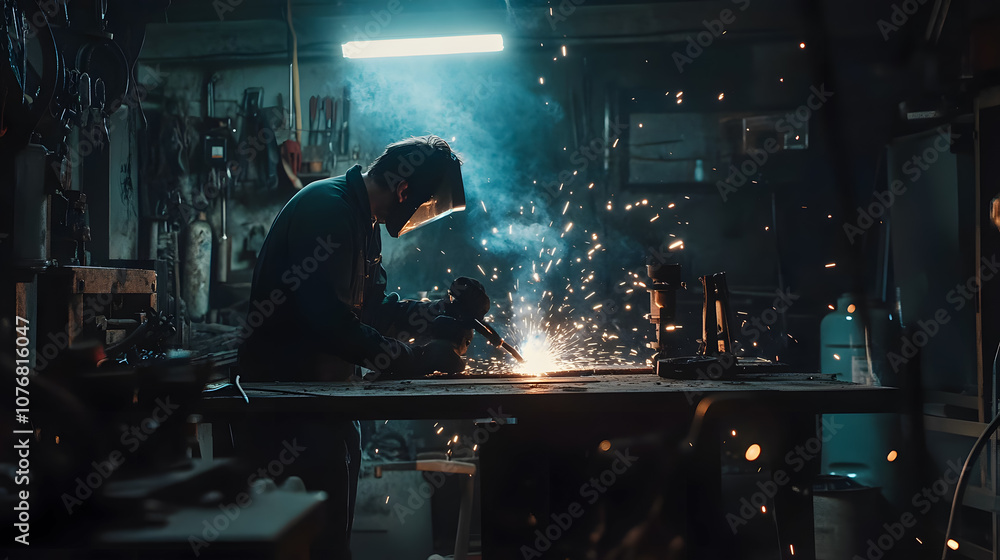 Poster focusing on a skilled welder in a dimly lit workshop creating sparks while working with metal, captu