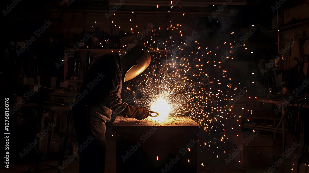Poster dynamic scene of a welder creating sparks in a dark workshop, capturing the intensity and skill of m
