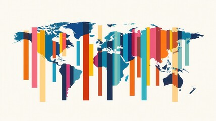A colorful, artistic representation of a world map with vertical stripes overlaying various continents.