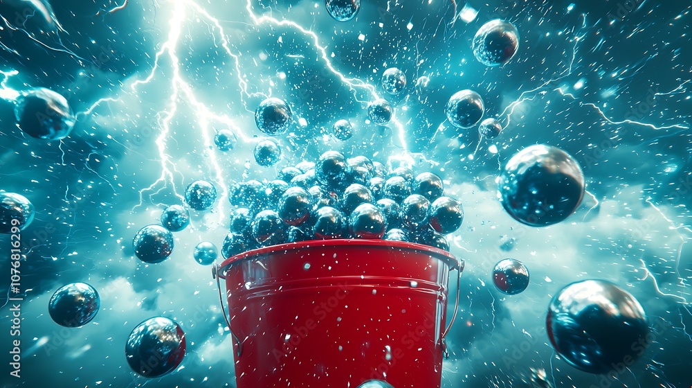 Poster dynamic red bucket overflowing with shiny spheres and lightning in a mysterious stormy sky, creating