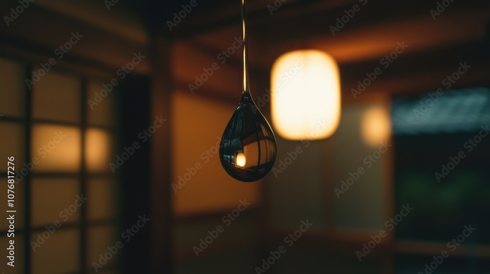 Poster a droplet reflecting light in a serene indoor setting with soft lantern illumination.