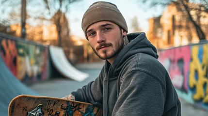Confident young skateboarder with tattoos relaxing at an urban skate park, dressed in casual hoodie and beanie, with graffiti-decorated ramps and a chill autumn vibe in the background.