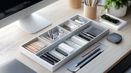 Professional desk setup with a drawer organizer for stationery, neatly arranged pens and paper clips, minimalist design, natural lighting enhancing the clean lines, organized and functional.