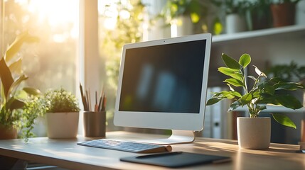 Fototapeta premium Professional desk setup with a tablet on a stand, stylus next to it, natural lighting, sleek wood surface, clean and minimal design, focusing on functionality and elegance. --ar 16:9
