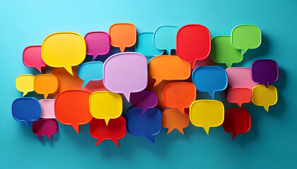 3d render of many colorful blank speech balloon mockup isolated on blue background. communication in group discussion and feedback concept