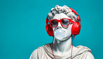 3d render of Greek statue wearing headphones, wearing red framed sunglasses, blowing gum, isolated on blue background, with copy space, pop art culture style