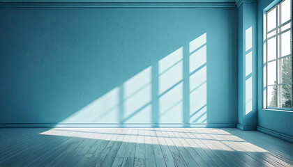 3d render of blank blue room with light and shadow of window frame, concrete wall, wooden floor. empty studio room mockup