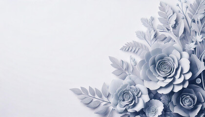 3d render of white roses and flower cut from paper. wedding decorations and greeting card template with copy space. white background.